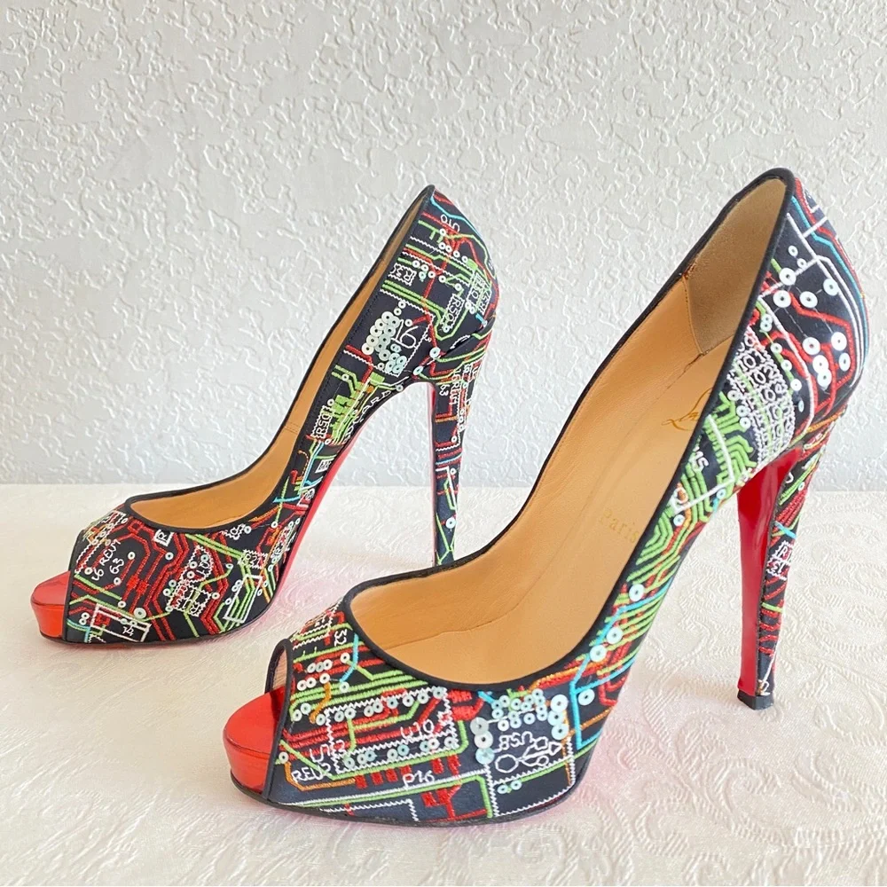 Christian louboutin embroidered peep toe platform pumps